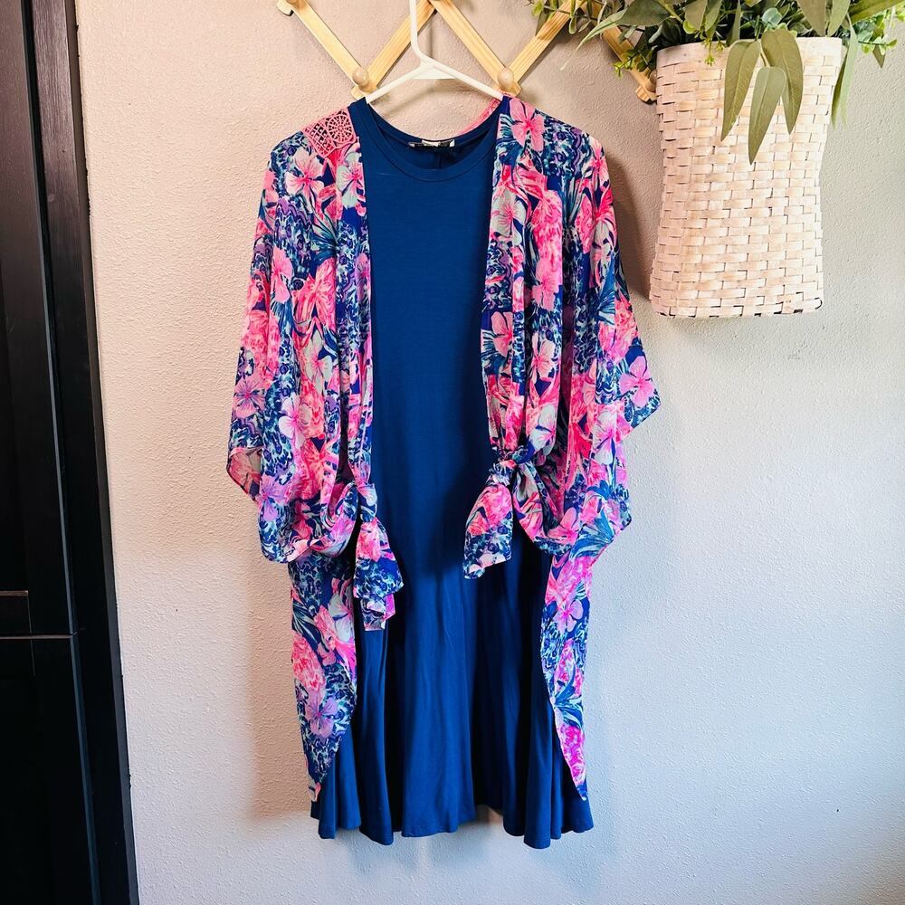 Charlie Paige Blue Sleeveless Midi Dress M w/ Popover One Size Pink Lace Floral